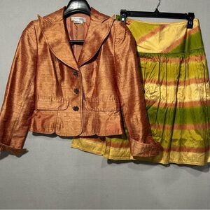 Kay Under Womens Silk Skirt‎ set Size 4 Pleated striped Skirt button front top
